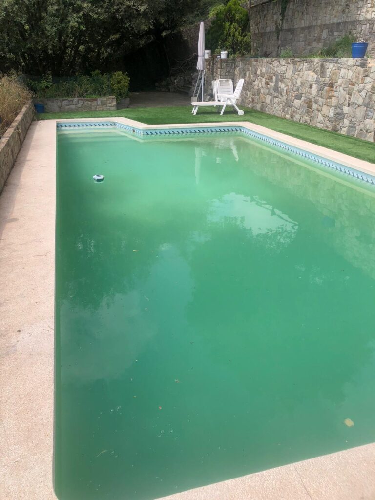 Piscina con agua verde antes del tratamiento - problema de algas por mal mantenimiento del cloro