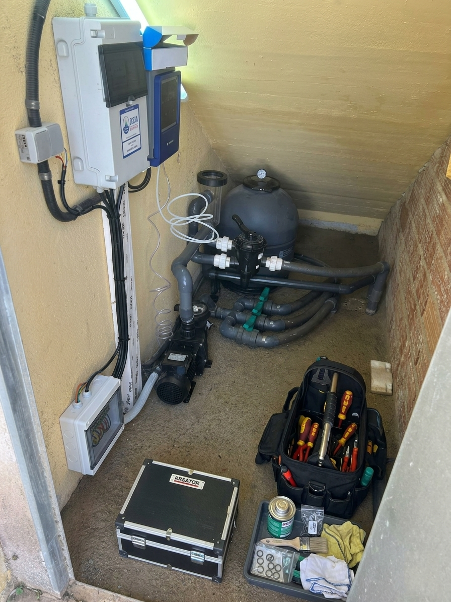 Piscina con agua cristalina en Barcelona - instalación de clorador salino completada